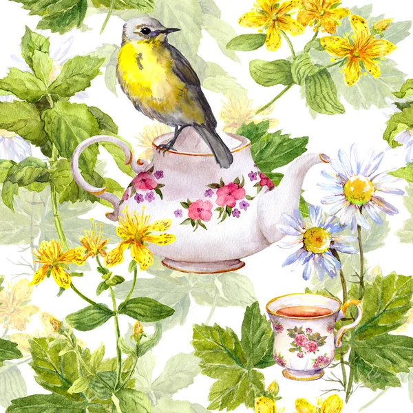 Herbal tea - pot, cup and bird. Repeating pattern. Watercolor — Stock Photo, Image
