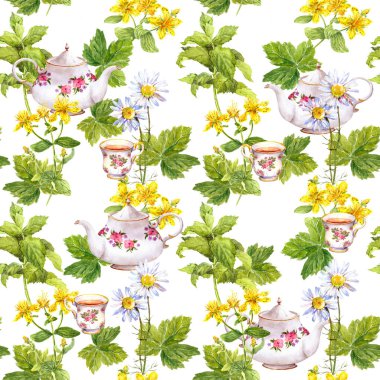 Bitkisel çay. Seamless modeli: otlar papatya, nane, çaydanlık, çay fincanı. Suluboya