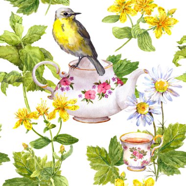 Bitki çayı - pot, kupa ve kuş. Yinelenen desen. Suluboya