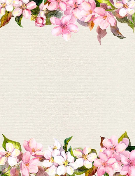 Růžové květy - jablko, třešňový květ. Květinový rámeček. Akvarel na papíře — Stock fotografie