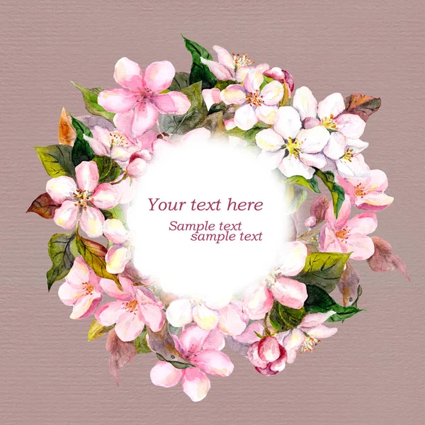 ピンクの花 - アップル、グリーティング カードの桜と花サークル花輪。アクワレル — ストック写真