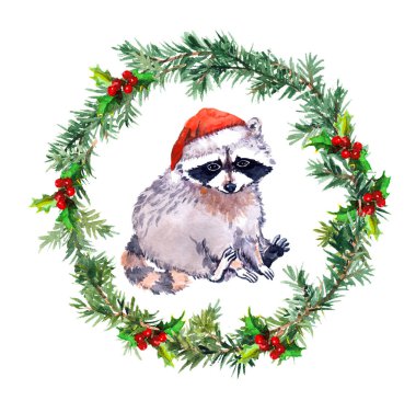 Noel çelenk Rakun kırmızı santa şapka ile. suluboya