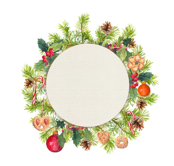 Weihnachtskranz - Fichtenzweige, Misteln, Plätzchen, Zuckerrohr. Aquarellkreis — Stockfoto