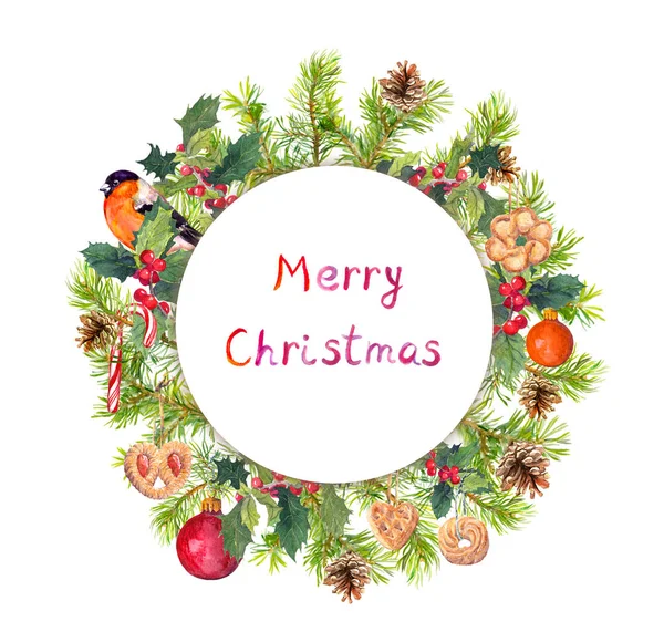 Christmas wreath - spruce tree branches, mistletoe, bird, cookies. Watercolor — Stock Photo, Image