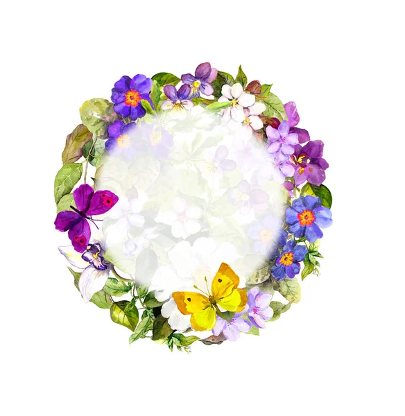 Frühlingsschmetterlinge, Wiesenblumen, wildes Gras. Blumenkranz. Aquarell — Stockfoto