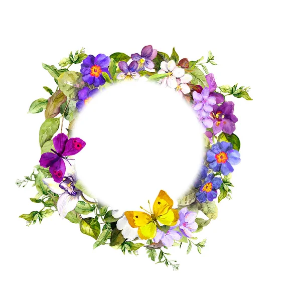 Çiçek çelenk - çayır çiçek, yabani otlar, Bahar kelebekleri. Suluboya