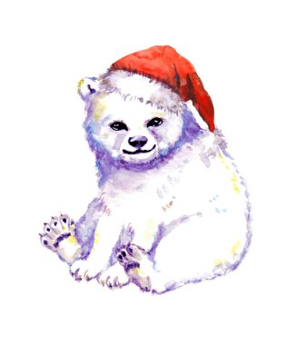 Şirin kutup ayısı, kırmızı Noel Baba şapkası. Sulu Boya Noel hayvan