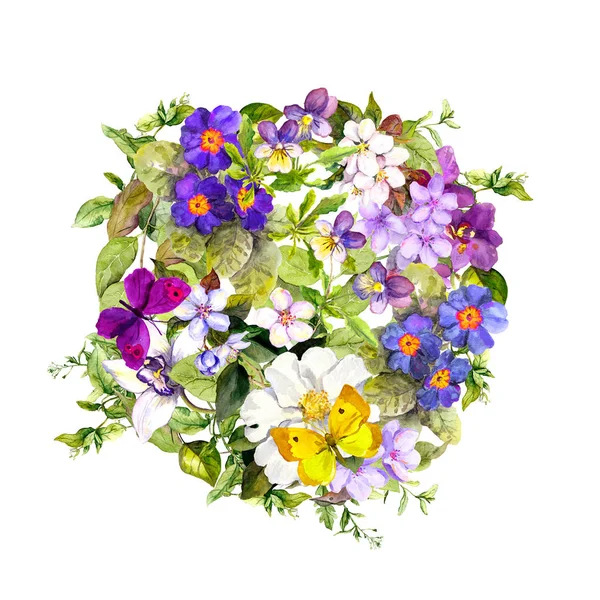 Círculo floral - erva selvagem, flores, borboletas. Fundo aquarela — Fotografia de Stock