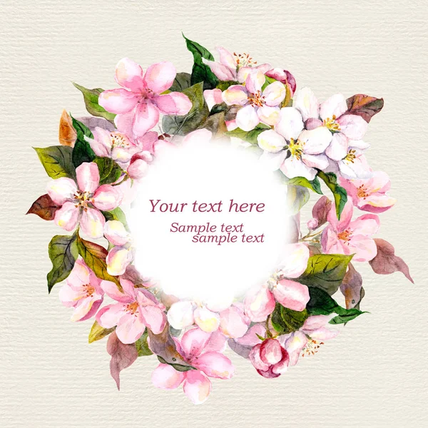 ピンクの花 - アップル、グリーティング カードの桜とレトロな花の花輪。水彩 — ストック写真
