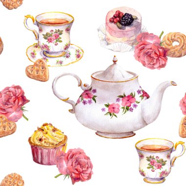 Çay saati - çay potu, çay fincanı, kek, çiçekler. Yinelenen desen. Suluboya