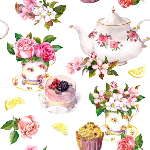 Padrão de chá: flores, xícara de chá, bolo, bule. Aquarela. Fundo sem costura — Fotografia de Stock