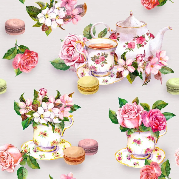 Flores, taza de té, pasteles, macarrones, maceta. Acuarela. Fondo sin costuras — Foto de Stock
