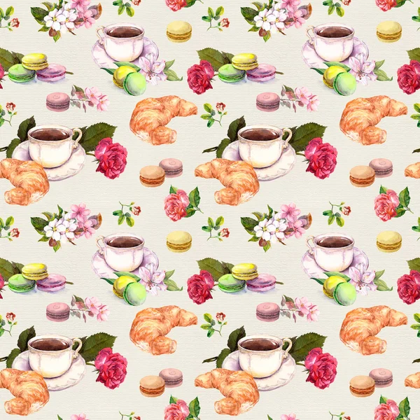 Thee, koffie patroon - bloemen, croissant, theekopje, macaroon taarten. Aquarel. Naadloze — Stockfoto