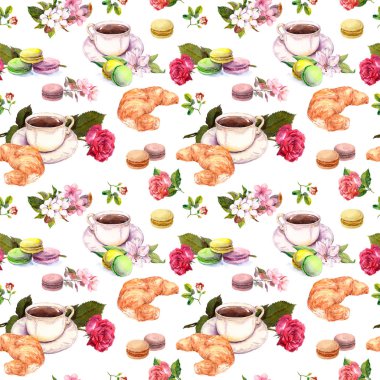 Çay, kahve desen - çiçekler, kruvasan, çay fincanı, acıbadem kurabiyesi kek. Suluboya. Sorunsuz