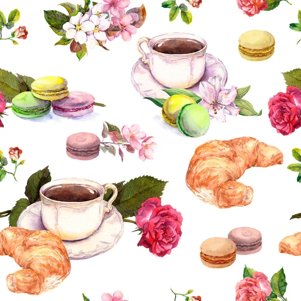 Tea, coffee pattern - flowers, croissant, teacup, macaroon cakes. Watercolor. Seamless