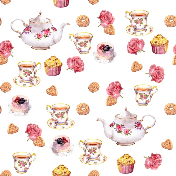 Teatime - Teekanne, Teetasse, Kuchen, Blumen. nahtloses Muster. Aquarell — Stockfoto