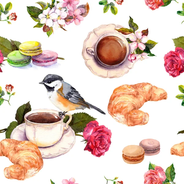 Çay, kahve desen - çiçekler, kruvasan, acıbadem kurabiyesi, kuş. Suluboya. Sorunsuz — Stok fotoğraf