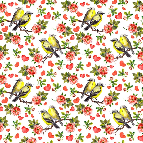Fåglar, ros blommor och hjärtan. Seamless mönster, akvarell — Stockfoto