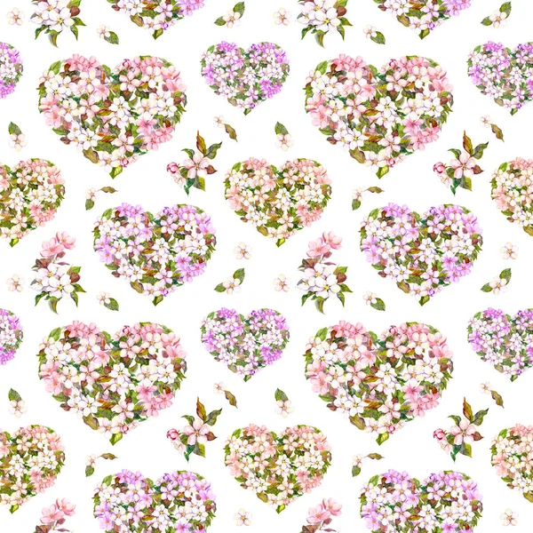 Цветочные сердца, цветы яблони и сакуры - вишня. Бесшовный рисунок на День Святого Валентина. Винтажная акварель — стоковое фото