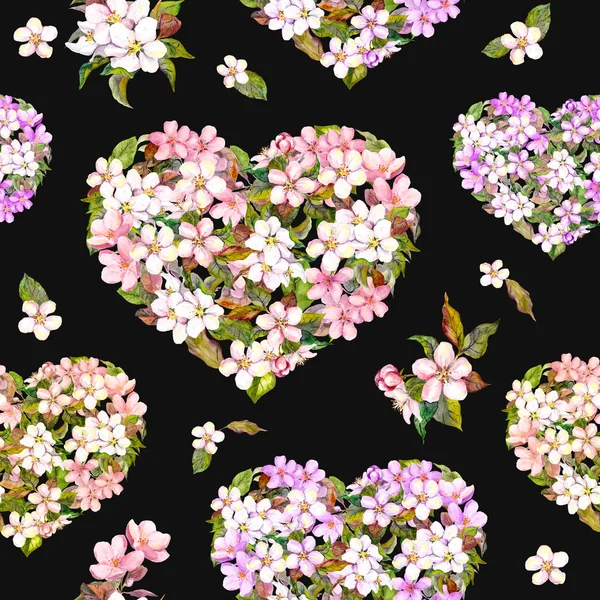 Сердца с цветами на День Святого Валентина. Винтажный цветочный цветок сакура. Бесшовный рисунок акварели на черном фоне — стоковое фото