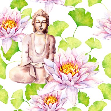 Buda lotus, yaprakları, dekoratif. Seamless modeli. Suluboya