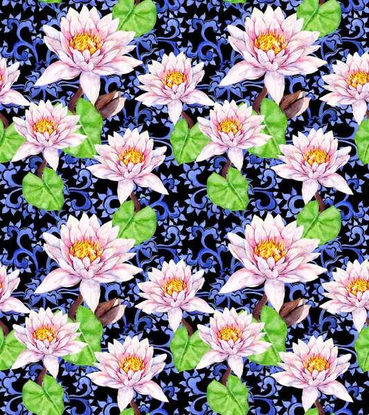 Lila kwiecie - lilia wodna, ozdobny etniczne. Kwiatowy wzór. Akwarela — Zdjęcie stockowe
