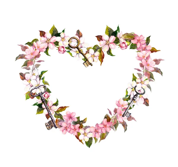 Floral wreath - heart shape. Pink sakura flowers, keys. Watercolor for Valentine day, wedding — Stock Photo, Image