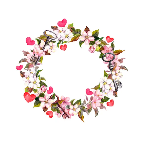 Grinalda floral com flores cor-de-rosa, penas, corações, chaves. Moldura de círculo de aquarela para dia dos namorados, casamento — Fotografia de Stock