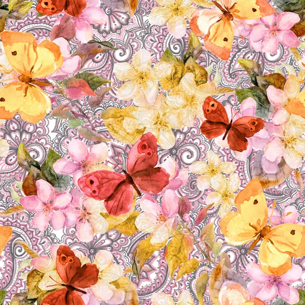 Flores, mariposas, diseño ornamental en estilo boho vintage. Acuarela. Patrón sin costura —  Fotos de Stock