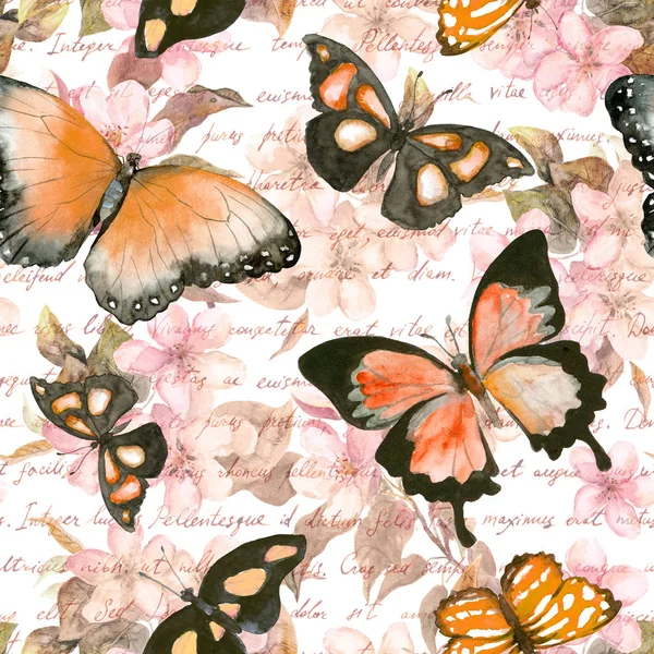 Flowers, butterflies, hand written text note. Watercolor. Seamless pattern — Stock Photo, Image