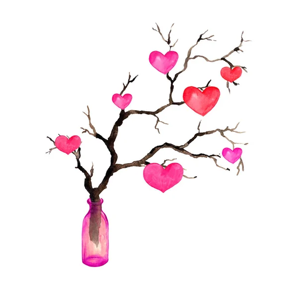 Zweig mit Herzen in Glasflasche. Aquarell für Valentinstag, Hochzeit — Stockfoto