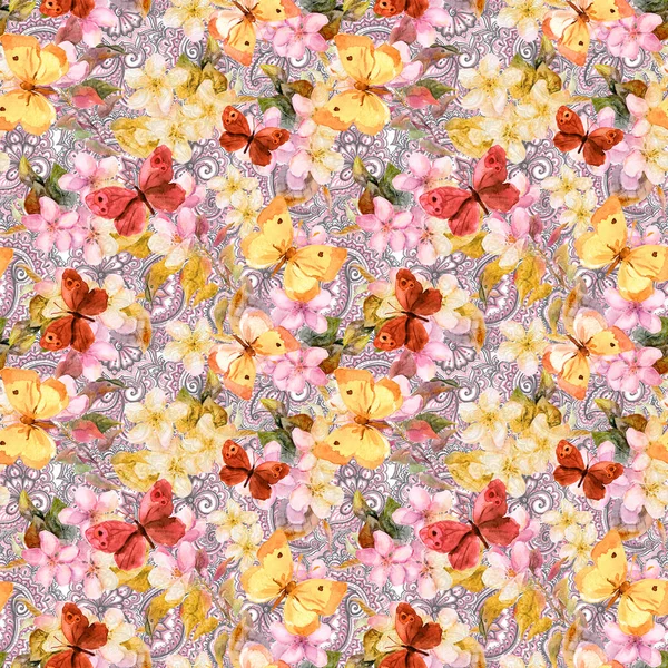 Flores, mariposas - fondo ornamental. Acuarela. Patrón de repetición — Foto de Stock