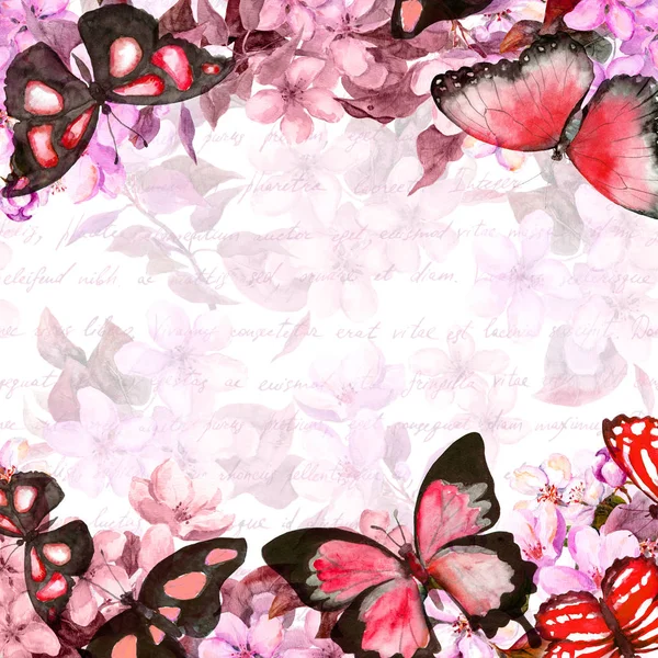 花、蝶、手、書かれたテキストのメモです。花のカードです。ビンテージの水彩画 — ストック写真