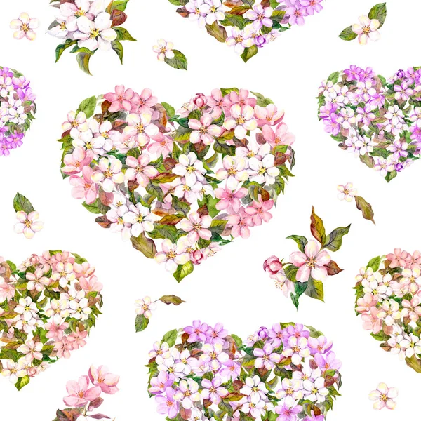 Seamless mönster för alla hjärtans dag - blommig hjärtan med vitt och rosa blomma. Körsbärsblommor. Akvarell — Stockfoto