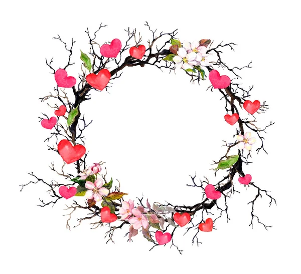 Floral στεφάνι - κλαδιά με ανοιξιάτικα λουλούδια, καρδιές. Ακουαρέλα κύκλο συνόρων για την ημέρα του Αγίου Βαλεντίνου, γάμος — Φωτογραφία Αρχείου