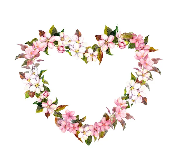 Wieniec kwiatowy - kształt serca. Różowe kwiaty. Akwarela na Walentynki, wesele w stylu vintage boho — Zdjęcie stockowe