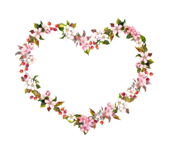 Floral border - heart shape, spring flowers. Watercolor for Valentine day, wedding — Stock Photo, Image