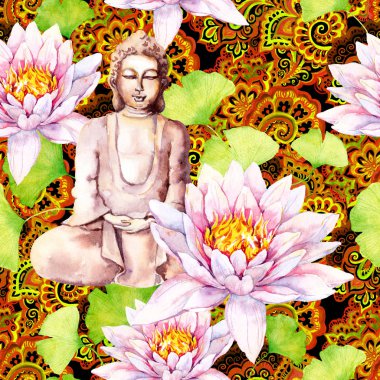 Buda lotus, yaprakları, dekoratif. Seamless modeli. Suluboya