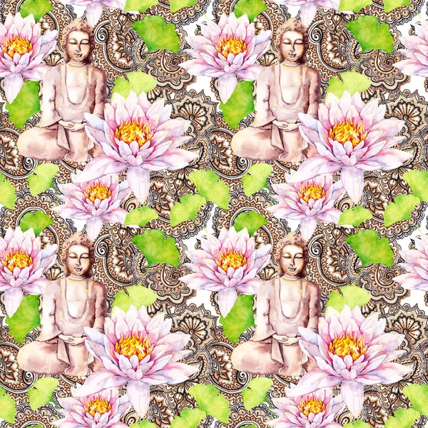 Buddha mit Lotus, Blättern, dekorativem Design. nahtloses Muster. Aquarell — Stockfoto