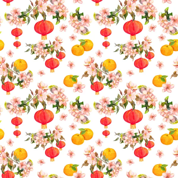 Holiday branch of mandarin with blossom plum, red paper lantern. Chinese new year seamless pattern. Watercolor — Stock Photo, Image