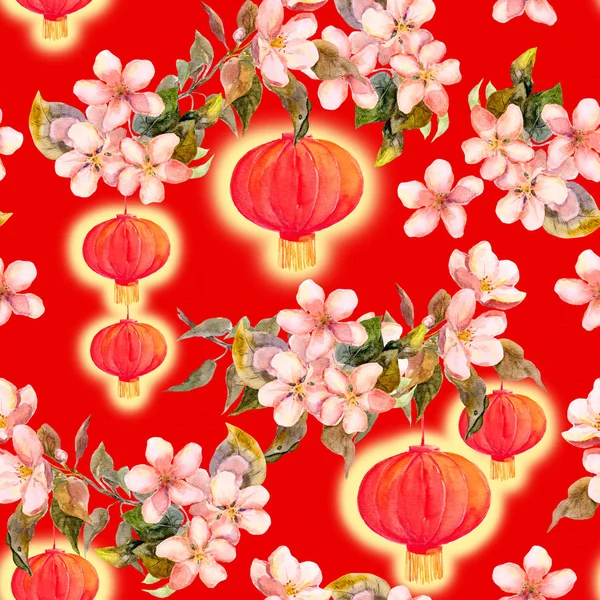 Ветвь цветения сливы, фонарь из красной бумаги. Китайский новый год бесшовный. Акварель — стоковое фото