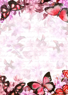 Çiçekler, kelebekler, yazılı metin not ver. Çiçek kartı. Vintage suluboya