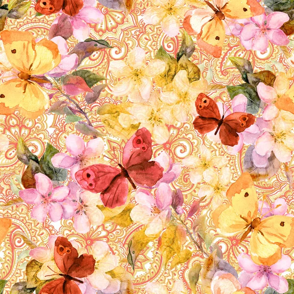 Flowers, butterflies, ornamental design in vintage boho style. Watercolor. Seamless pattern — Stock Photo, Image