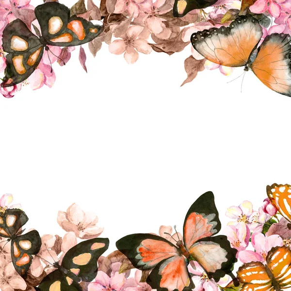 Papillons, fleurs. Carte florale. Aquarelle vintage — Photo
