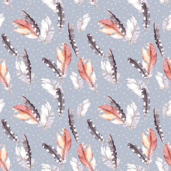 Feathers drawing. Watercolor seamless pattern