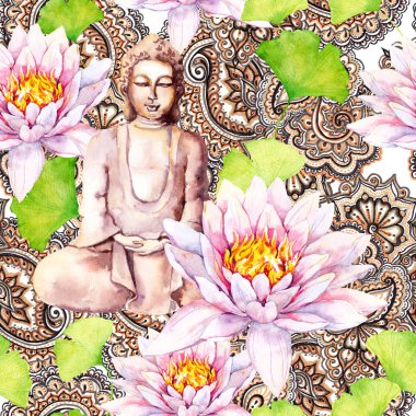 Buda lotus, yaprakları, dekoratif. Seamless modeli. Suluboya
