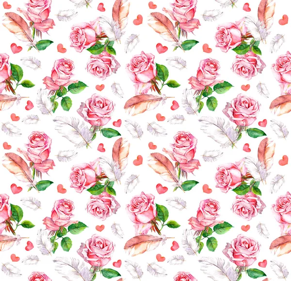 Roze bloemen, veren en harten. Herhalende bloemmotief. Aquarel — Stockfoto