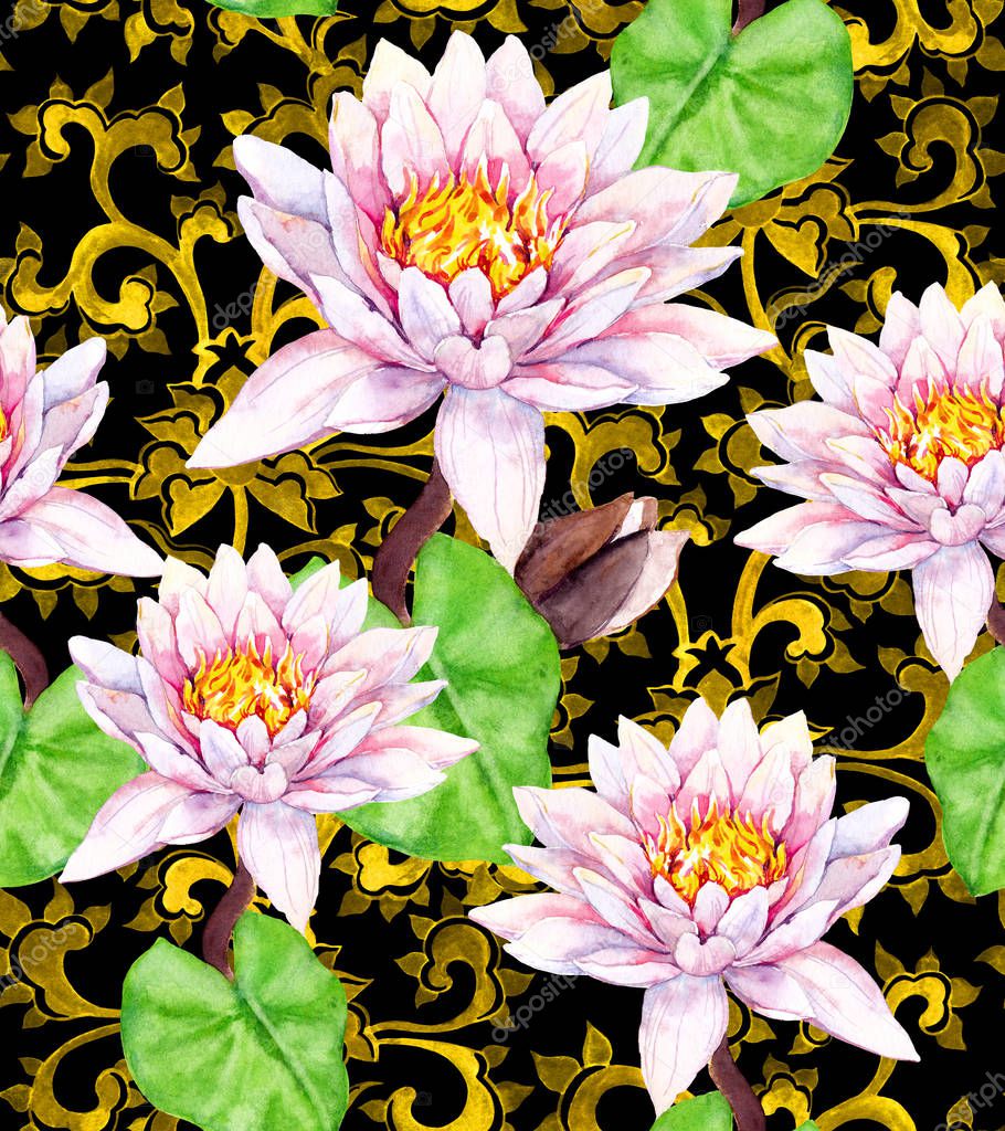 Lily flowers - waterlily, golden asian ornament. Seamless floral pattern. Watercolor