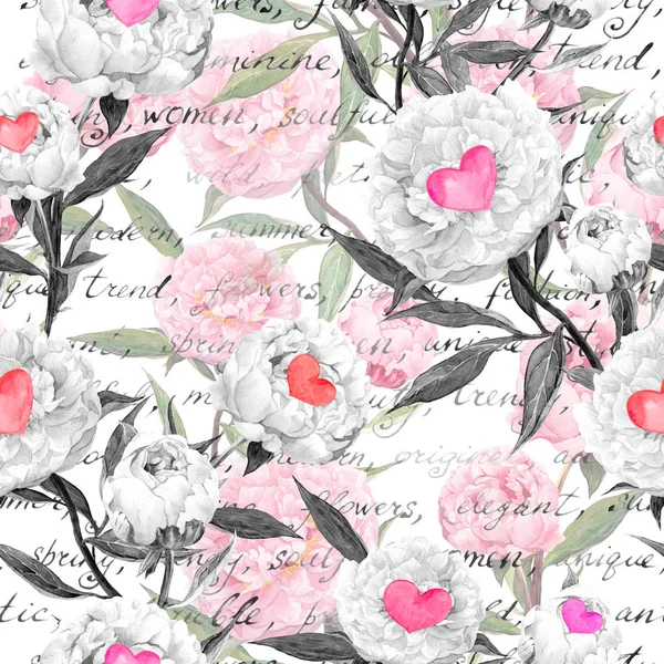 芍药花，心。无缝的花卉图案。水彩 — 图库照片