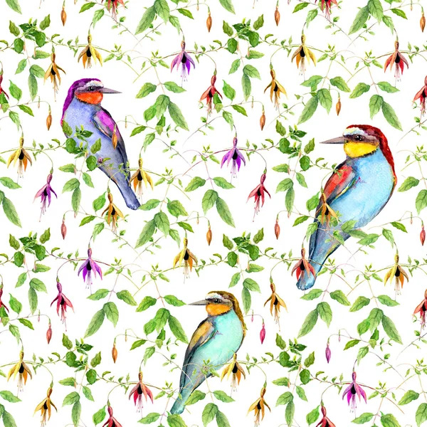 Exotic flowers and bright tropical bird. Repeating floral pattern. Watercolor — Stock Photo, Image